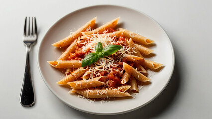 Delicious pasta on plate with salad and tomato.