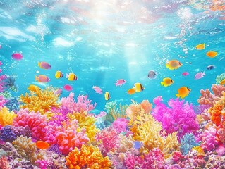 Naklejka premium Vibrant coral reef teeming with colorful fish shot underwater with vibrant, highcontrast colors