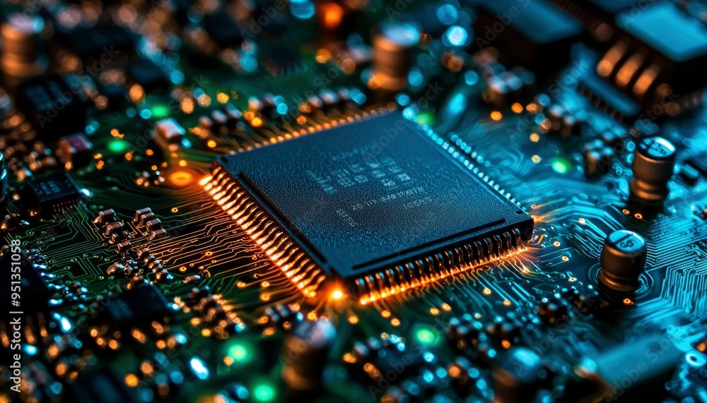 Poster close-up of a glowing microprocessor chip on a circuit board