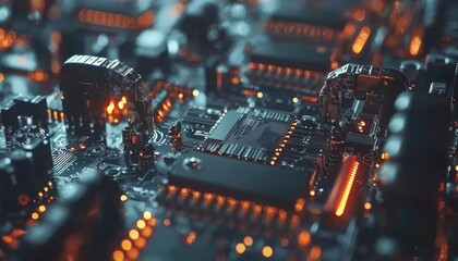 Obraz premium Close-up of a Circuit Board with Glowing Components