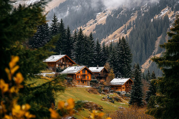 Alpine landscape with mountain chalets