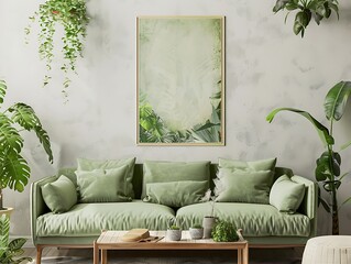 blank picture frame hanging on a white wall above a light green sofa, surrounded by several indoor plant
