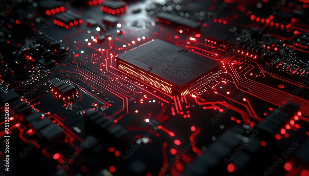 Poster close-up of a glowing red circuit board with a processor chip