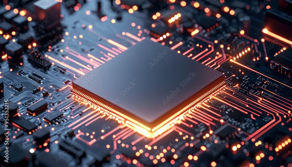 Poster glowing circuit board with a central processor chip