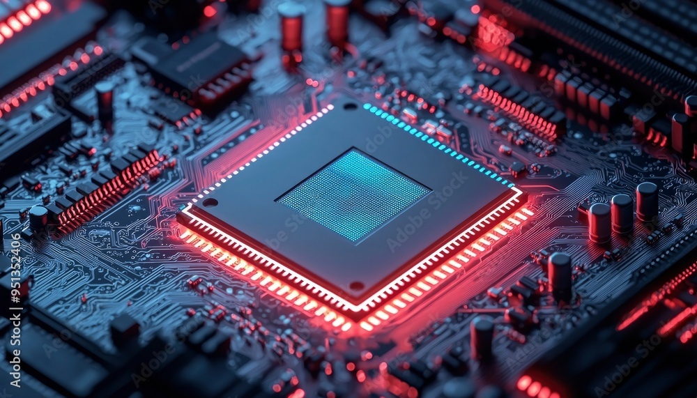 Poster close-up of a glowing processor chip on a circuit board