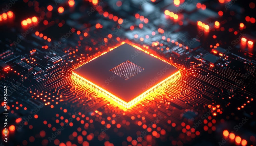 Poster illuminated cpu chip on circuit board with glowing tracks