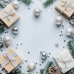 Christmas and New Year holiday white clean mockup background. Silver Christmas gifts on white background top view. Flat layout