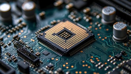 Obraz premium Close-up of a CPU Chip on a Motherboard