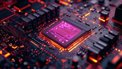 Obraz premium Closeup of a glowing pink and orange circuit board