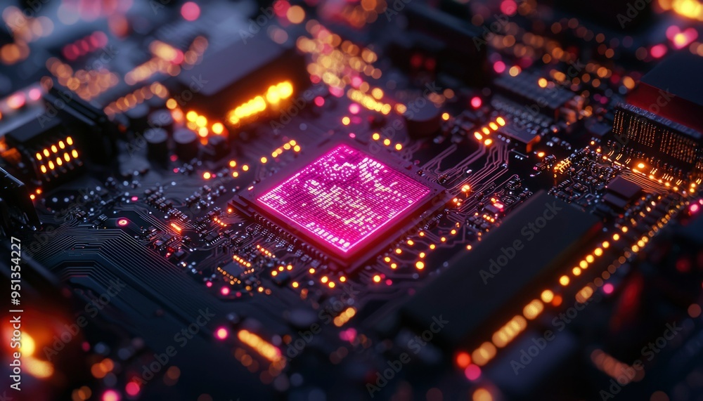 Poster illuminated circuit board with a glowing processor
