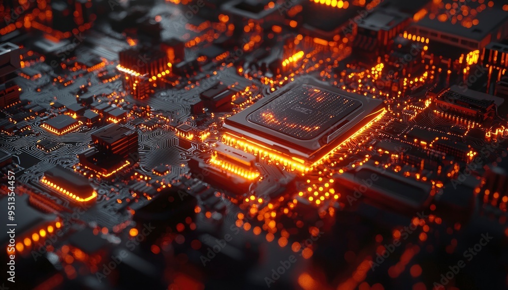 Poster close-up of a glowing computer motherboard with a central processor
