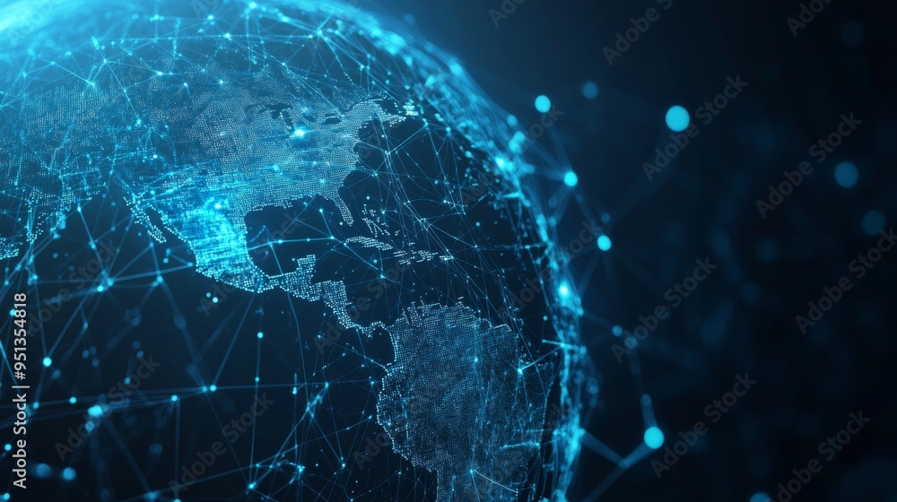 Poster digital globe representing global connectivity and network, world map with futuristic interface.