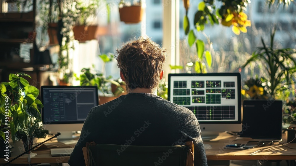 Poster computer programmer working in a sustainable home environment