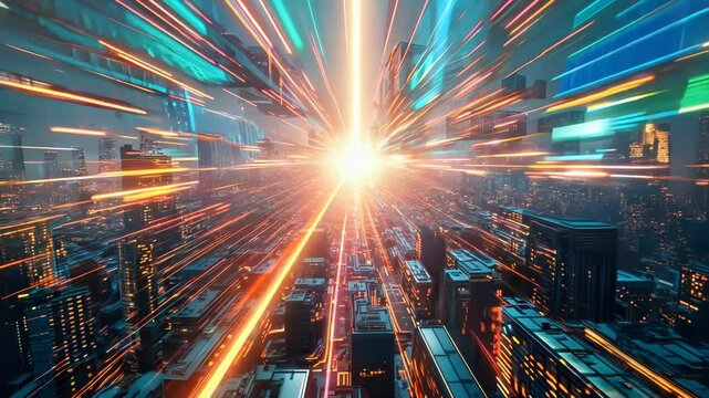 Vibrant light beam pierces skyline of futuristic metropolis. Colorful energy rays burst from central point, illuminating sleek skyscrapers. 