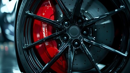 Powerful Red Alloy Wheel Rim with Brake Disc in Automotive Detail