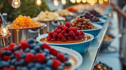 A topping station featuring mouthwatering caramel sauce and fresh berries