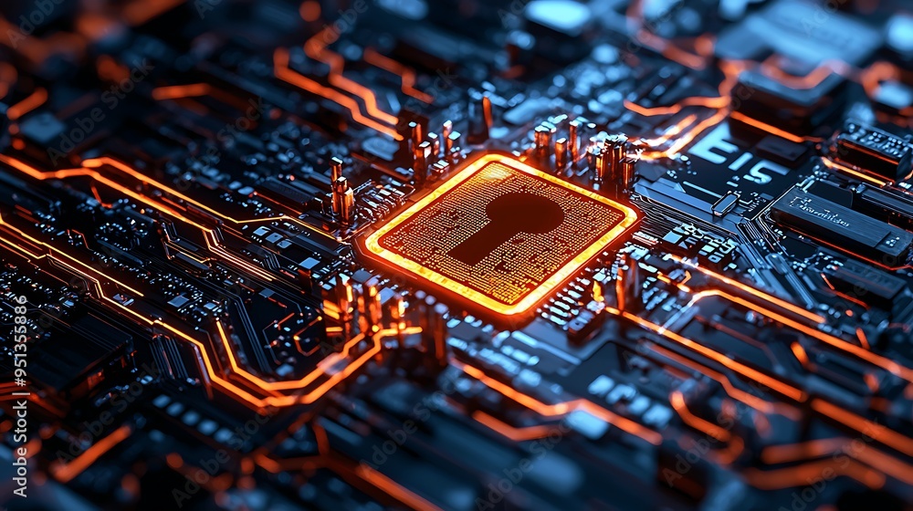 Poster a digital keyhole glows on a circuit board, symbolizing the essence of security in technology.