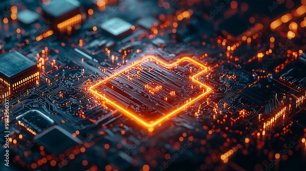 Poster a glowing folder icon on a circuit board captures the concept of digital data storage.