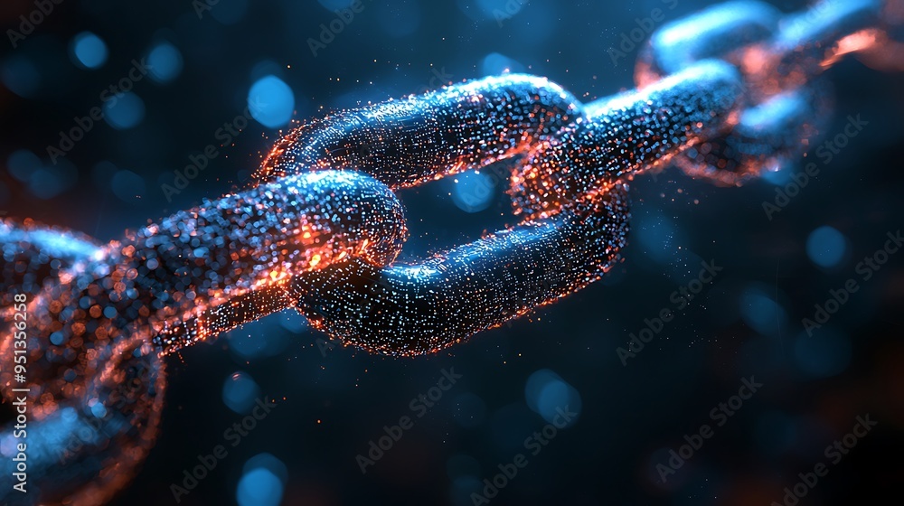 Poster an abstract chain link glows with blue and orange particles, a vibrant display of tech elegance.