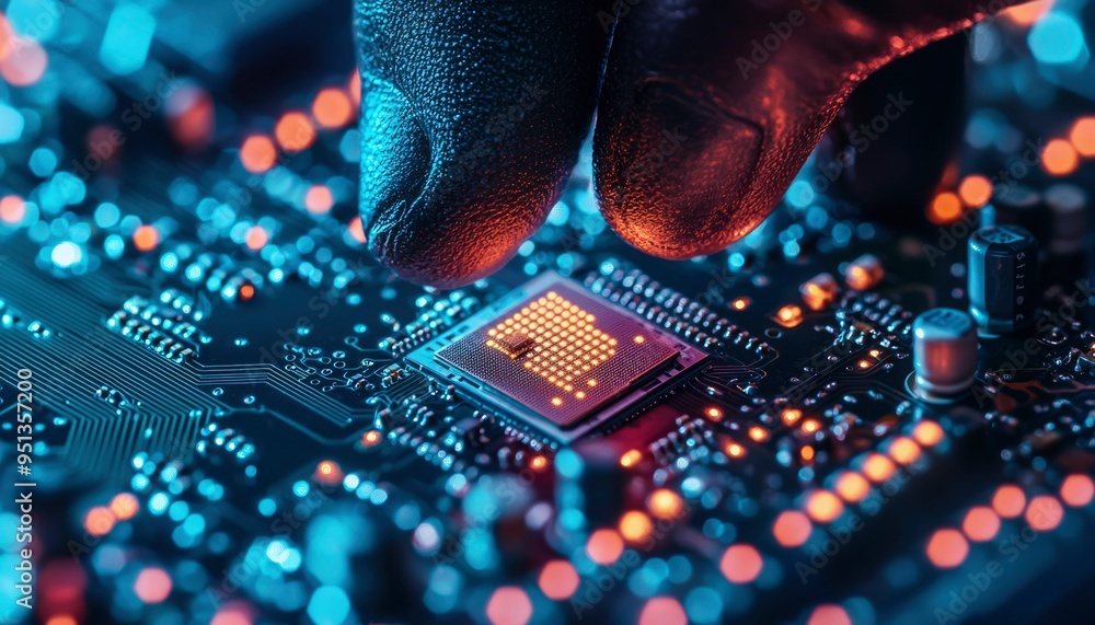 Poster gloved finger pointing at a lit-up microchip on a circuit board