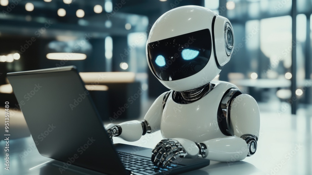 Poster charming robot working diligently on a laptop, embodying the integration of ai into everyday tasks w