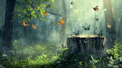 A tree stump amid a butterfly filled forest