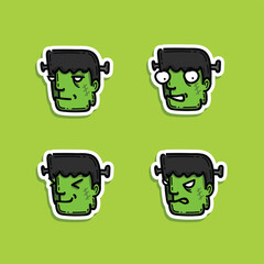 Halloween Sticker Frankenstein Vector illustration. Frankenstein face cartoon. Illustration for kids, card Halloween, print.
