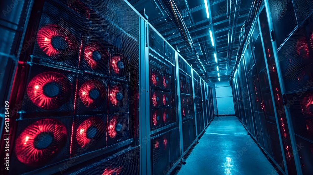 Poster efficient cooling system in modern data center with server racks and cooling fans maintaining optima