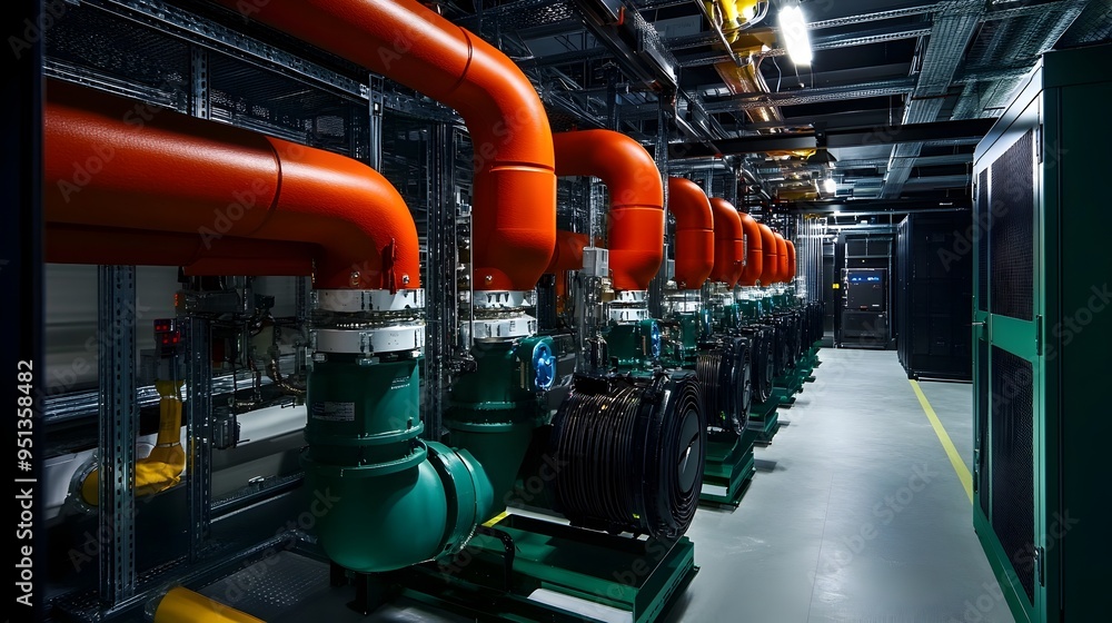Poster photograph of intricate heat exchanger systems in a state of the art high capacity data center showc
