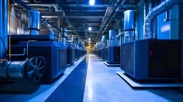 Chilled water cooling systems in a large data center facility providing efficient temperature and climate control for servers racks and other mission critical computing equipment