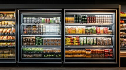 Chilled products neatly arranged in a supermarket fridge, a display of freshness and efficiency ready for shoppers.