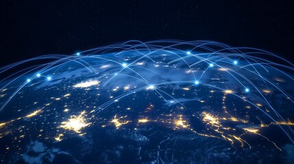 A global digital network represented by a blue-glowing earth with interconnected data lines. This image symbolizes global connectivity, communication networks, and digital technology.