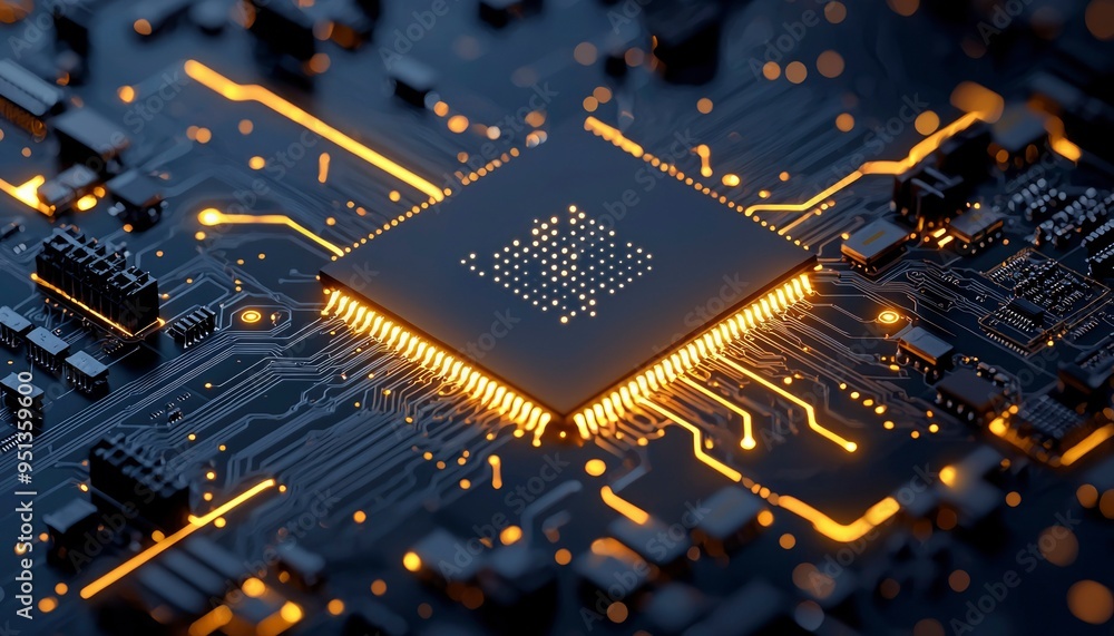 Poster glowing circuit board with a central processor