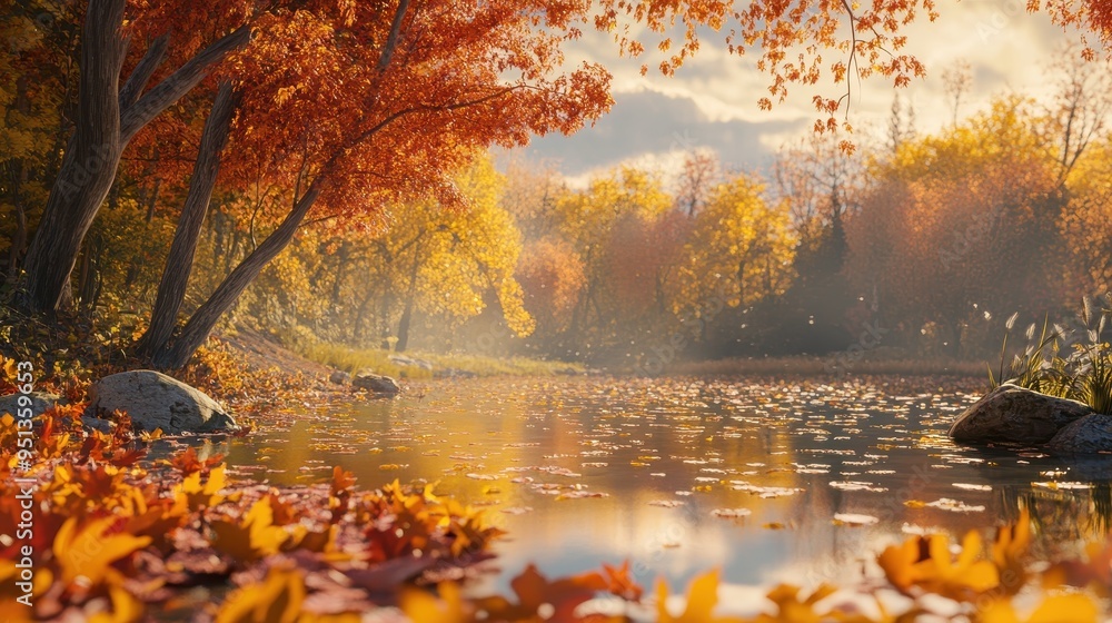 Poster enchanting autumn scenery: a tranquil river flowing through a vibrant forest landscape