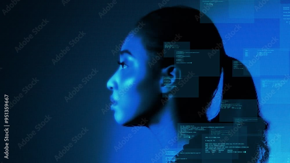 Poster composite concept of black woman profile and coding data