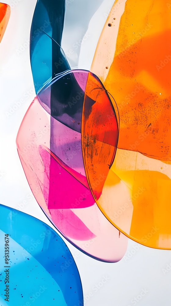 Poster vibrant abstract geometric shapes and colors with fluid overlapping forms on white background