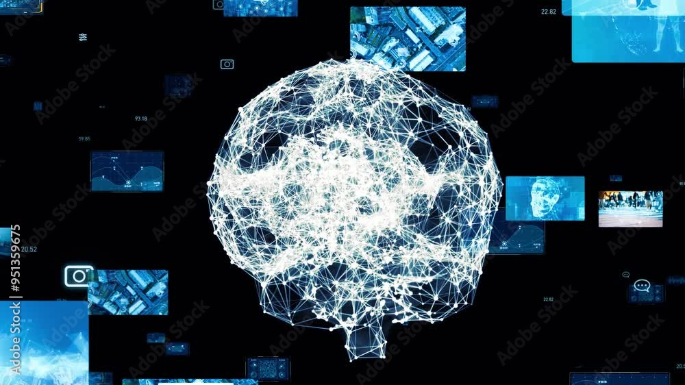 Poster composite concept of multiple video screens and brain,ai