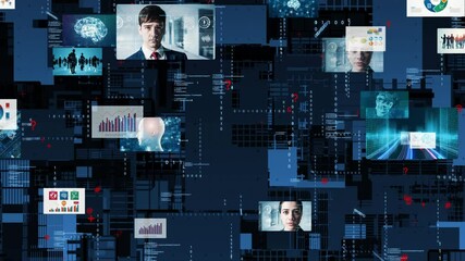 Composite concept of multiple video screens and electronic circuits - Powered by Adobe