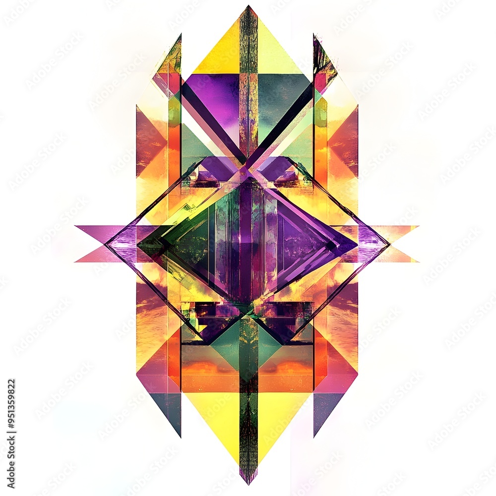Poster Vibrant Abstract Geometric Shapes Kaleidoscopic Art Banner with Overlapping Angular Patterns in Saturated Colors