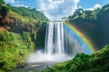 Fototapeta premium Rainbow Spectacle: Scenic Hike with a Waterfall Display