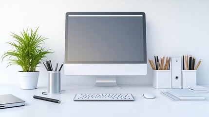 Professional office desk setup with latest technology and minimalistic design, professional office desk setup, efficient and organized workspace