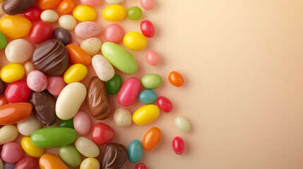 Obraz premium Candy Rain: A burst of colorful jelly beans falls against a vibrant brown backdrop, capturing the sweet and playful energy of a delicious treat. 
