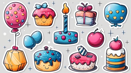 Set cartoon birthday stickers. Holiday gifts, balloons, cake. Retro gifts, celebration labels.Funky hipster stickers in 90s style. Vector happy birthday set, trendy promo labels