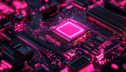 Fototapeta premium Pink Neon Glowing Motherboard with Processor