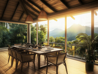 Luxury polynesian style dining room. Mountain forest view outside the window. Spacious dining table.