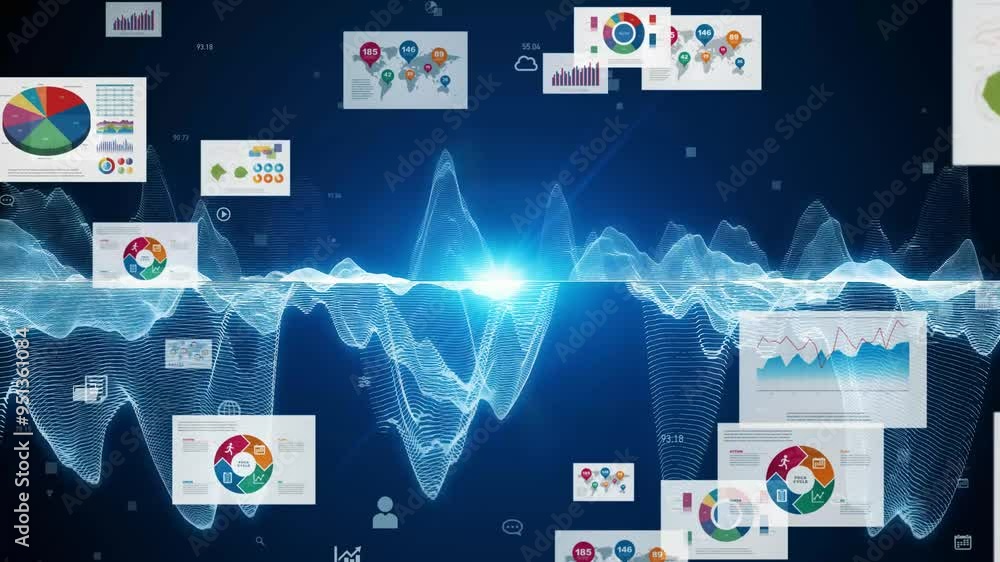 Poster combination of wavy waveforms and business documents