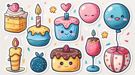 Set cartoon birthday stickers. Holiday gifts, balloons, cake. Retro gifts, celebration labels.Funky hipster stickers in 90s style. Vector happy birthday set, trendy promo labels