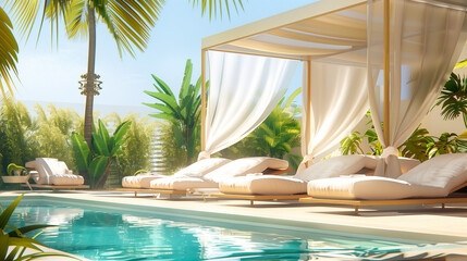 Obraz premium Ultimate Relaxation: Luxurious Resort with Poolside Lounges