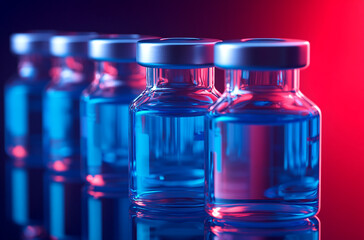 glass vials with blue liquid and red color background