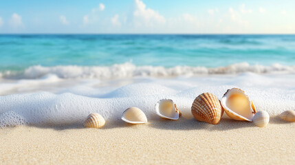 Obraz premium A collection of seashells scattered on fine white sand, evoking a serene beach vibe.